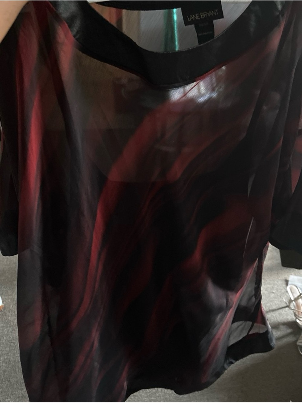 Lane Bryant Black Sheer Blouse with Red Swirl Pattern